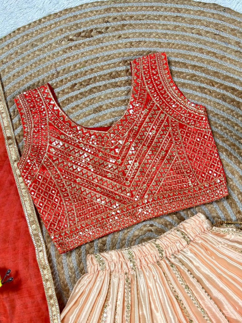 Evanik Orange Designer Chinon Silk Embroidered Work Wedding Lehenga Choli For Kids | Grocsy