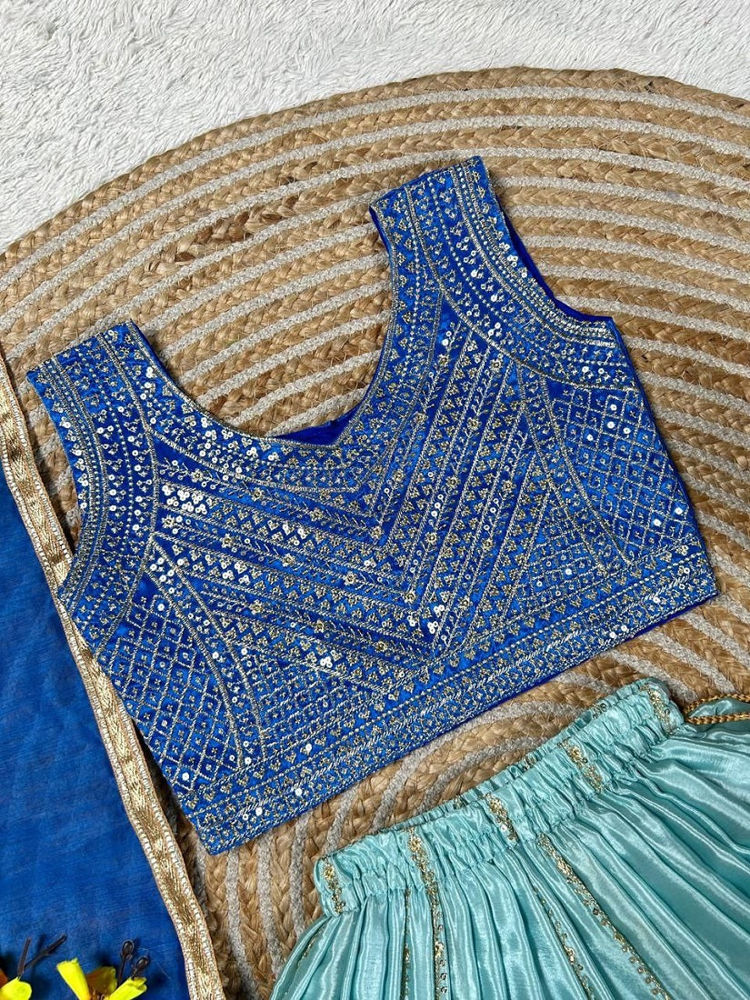 Evanik Blue Designer Chinon Silk Embroidered Work Wedding Lehenga Choli For Kids | Grocsy