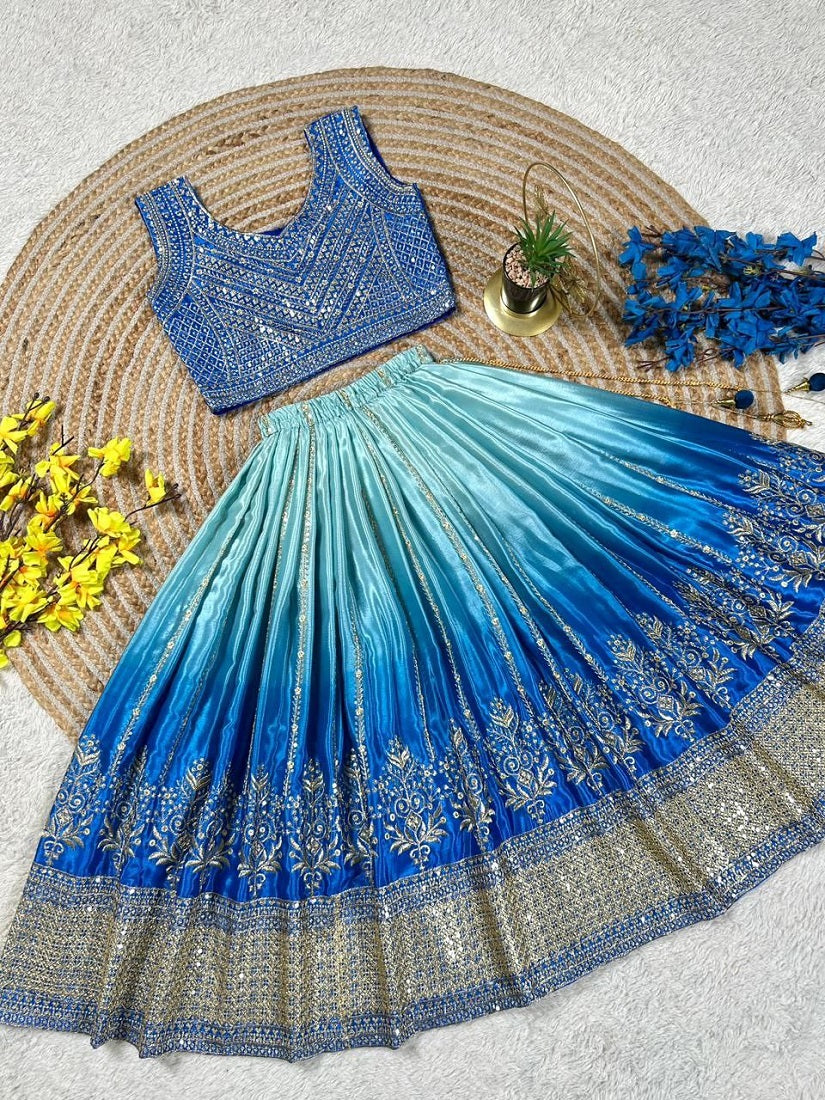 Evanik Blue Designer Chinon Silk Embroidered Work Wedding Lehenga Choli For Kids | Grocsy