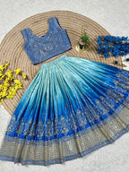 Evanik Blue Designer Chinon Silk Embroidered Work Wedding Lehenga Choli For Kids | Grocsy