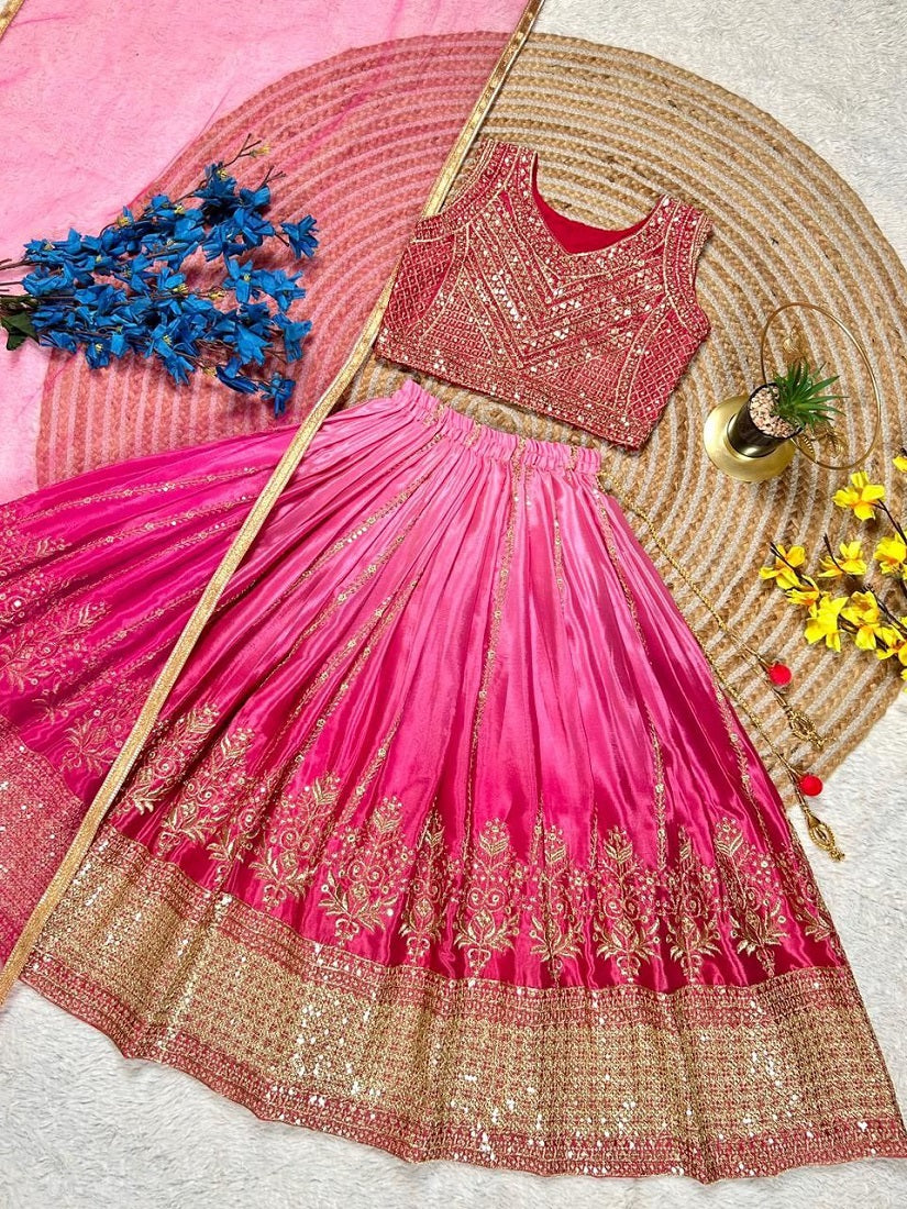 Evanik Pink Designer Chinon Silk Embroidered Work Wedding Lehenga Choli For Kids | Grocsy