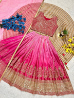 Evanik Pink Designer Chinon Silk Embroidered Work Wedding Lehenga Choli For Kids | Grocsy