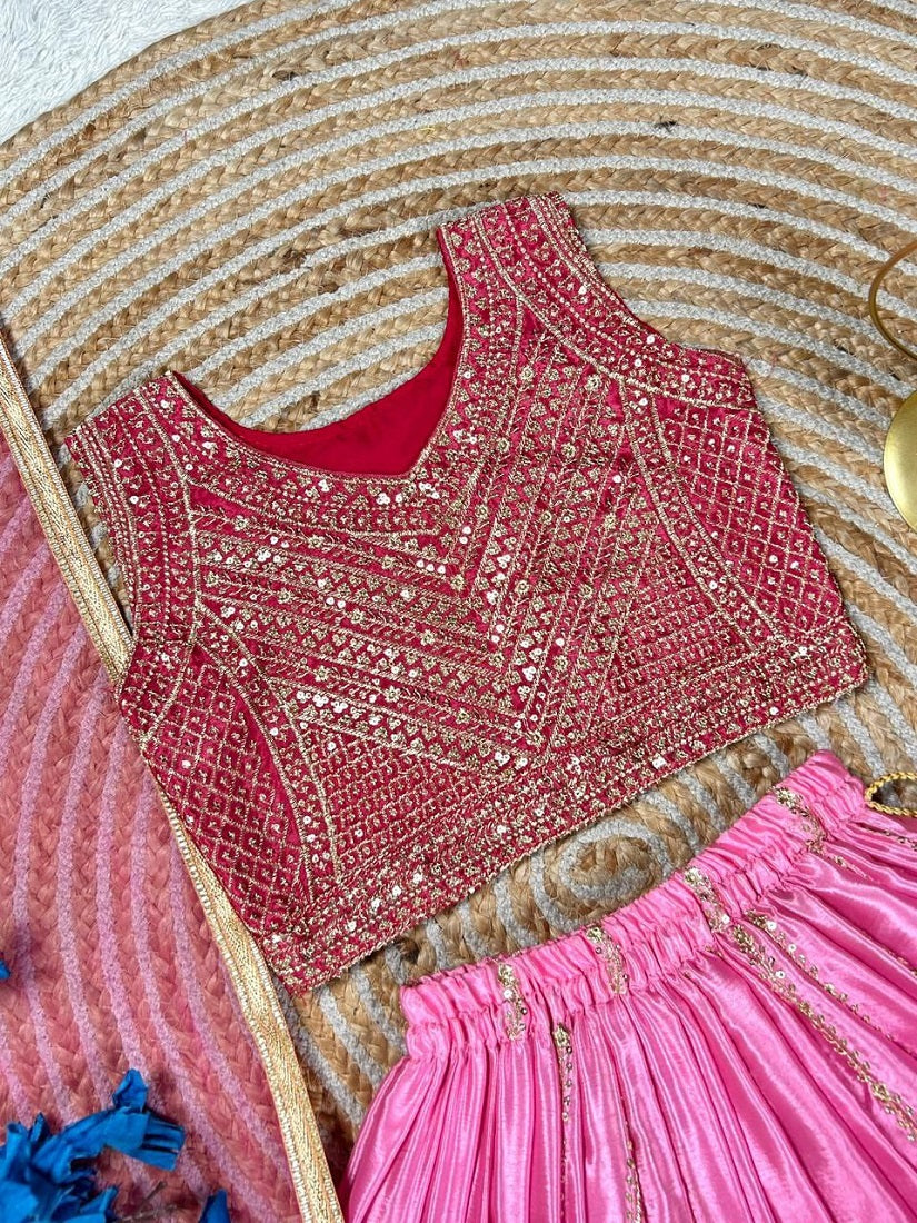 Evanik Pink Designer Chinon Silk Embroidered Work Wedding Lehenga Choli For Kids | Grocsy