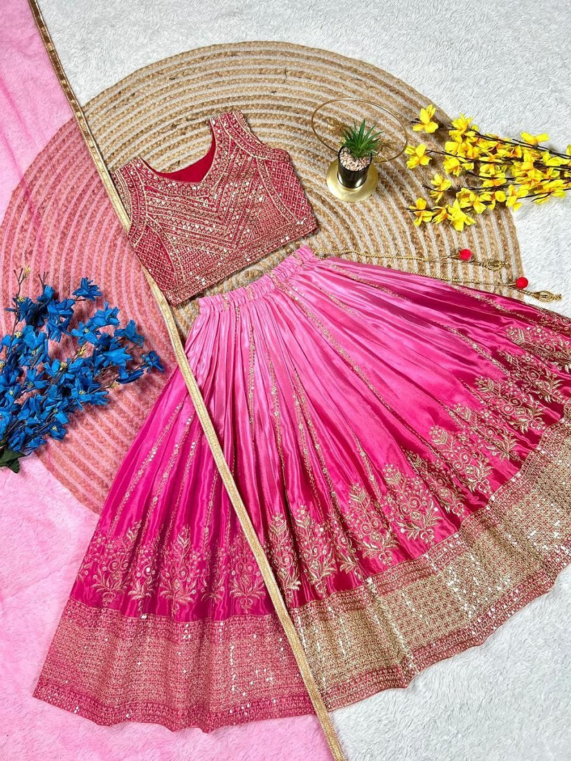 Evanik Pink Designer Chinon Silk Embroidered Work Wedding Lehenga Choli For Kids | Grocsy