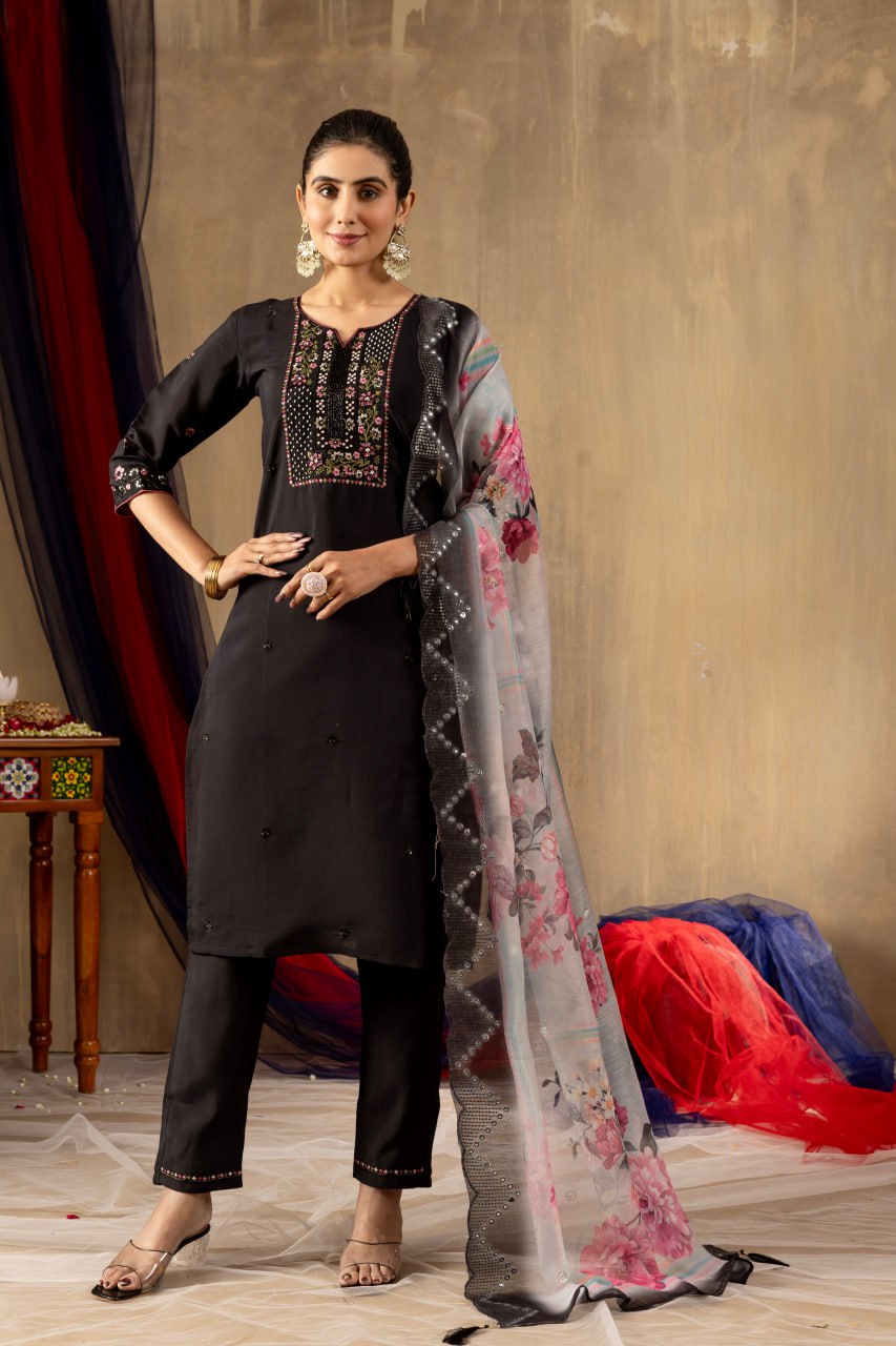 Pramukh Fab Black Color Roman Silk Kurta Set | Grocsy