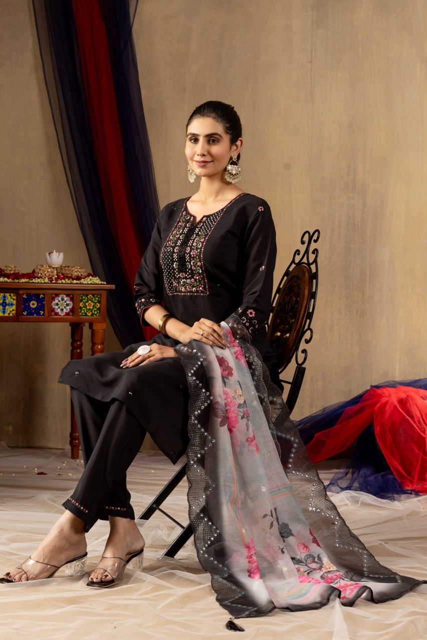 Pramukh Fab Black Color Roman Silk Kurta Set | Grocsy