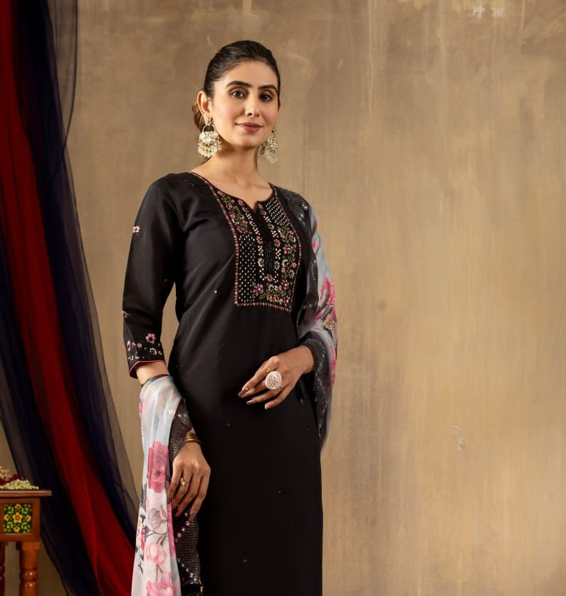 Pramukh Fab Black Color Roman Silk Kurta Set | Grocsy