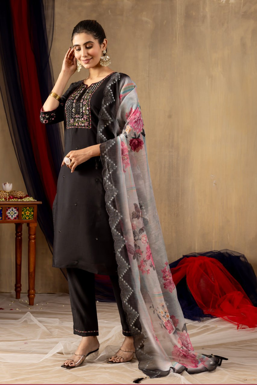 Pramukh Fab Black Color Roman Silk Kurta Set | Grocsy