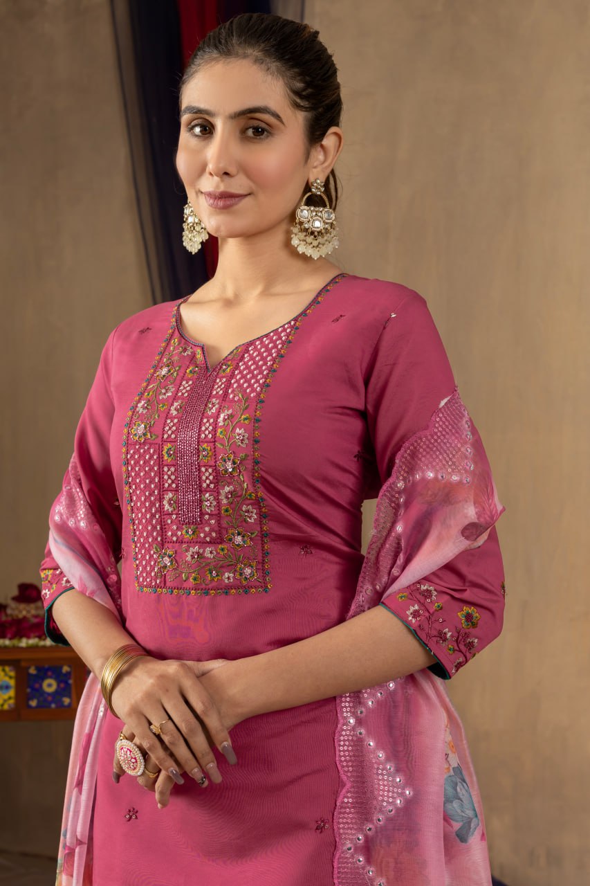 Pramukh Fab Pink Color Roman Silk Kurta Set | Grocsy