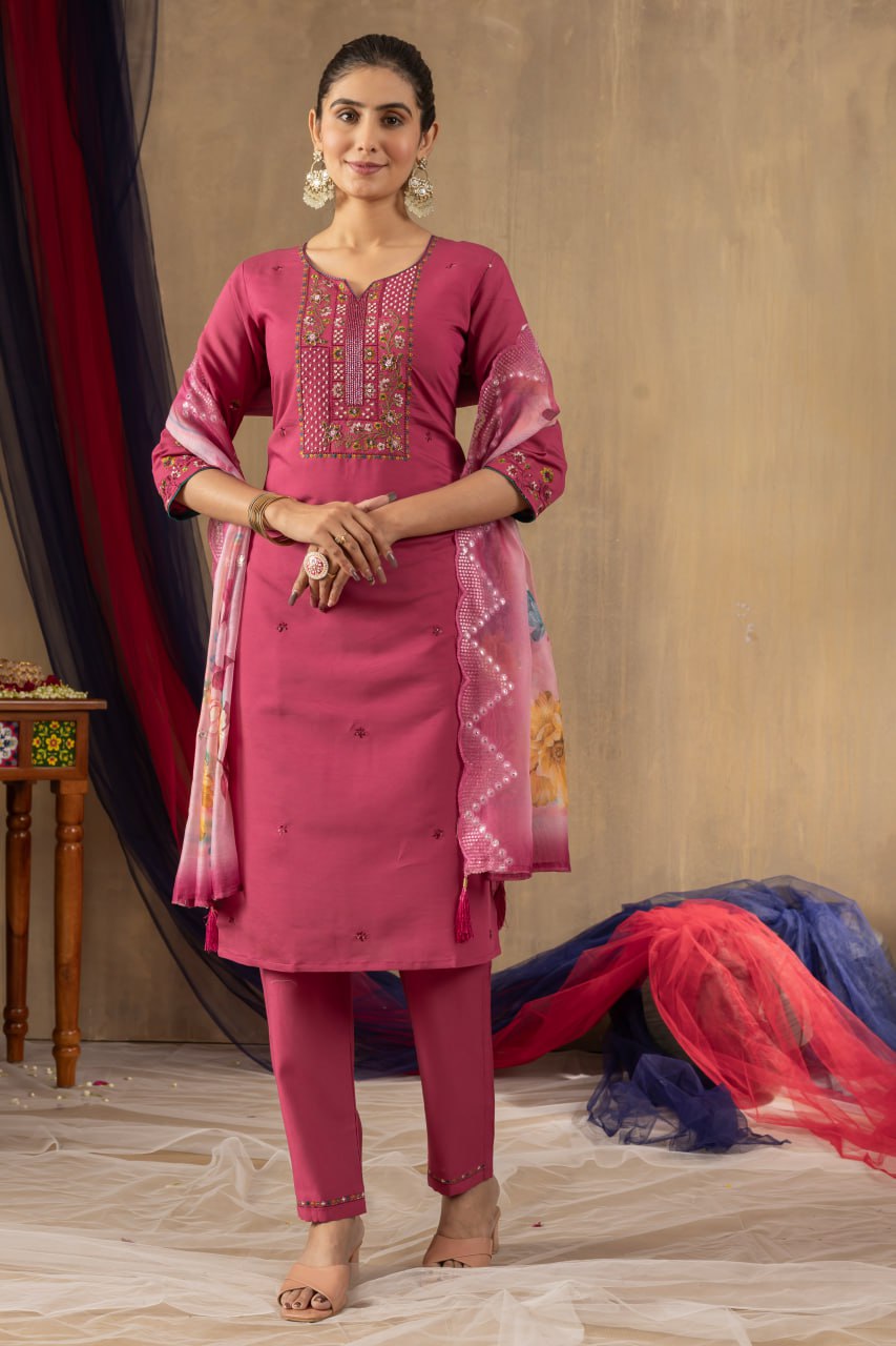 Pramukh Fab Pink Color Roman Silk Kurta Set | Grocsy