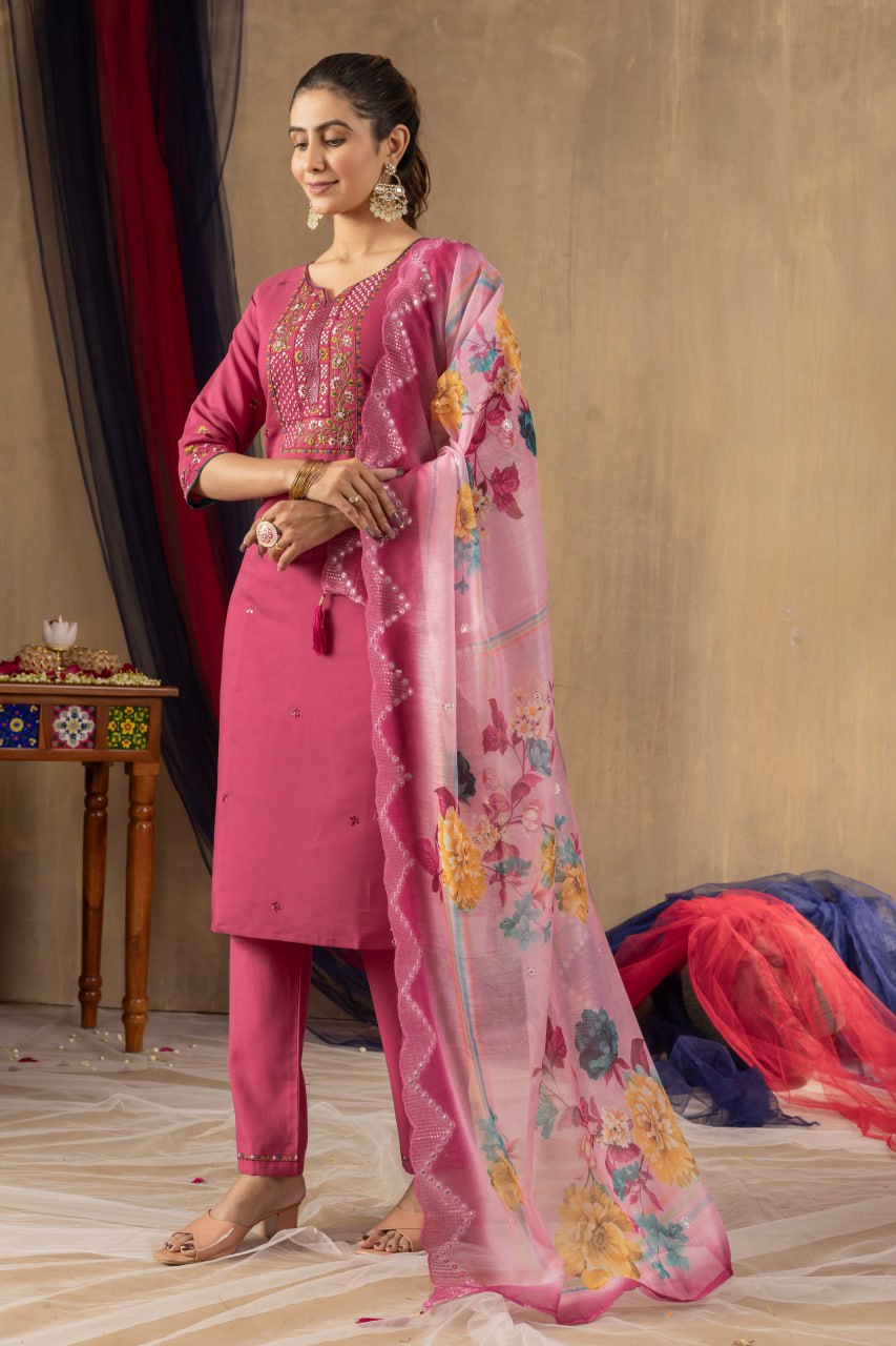 Pramukh Fab Pink Color Roman Silk Kurta Set | Grocsy