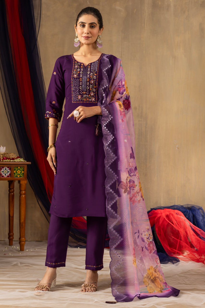Pramukh Fab Purple Color Roman Silk Kurta Set | Grocsy