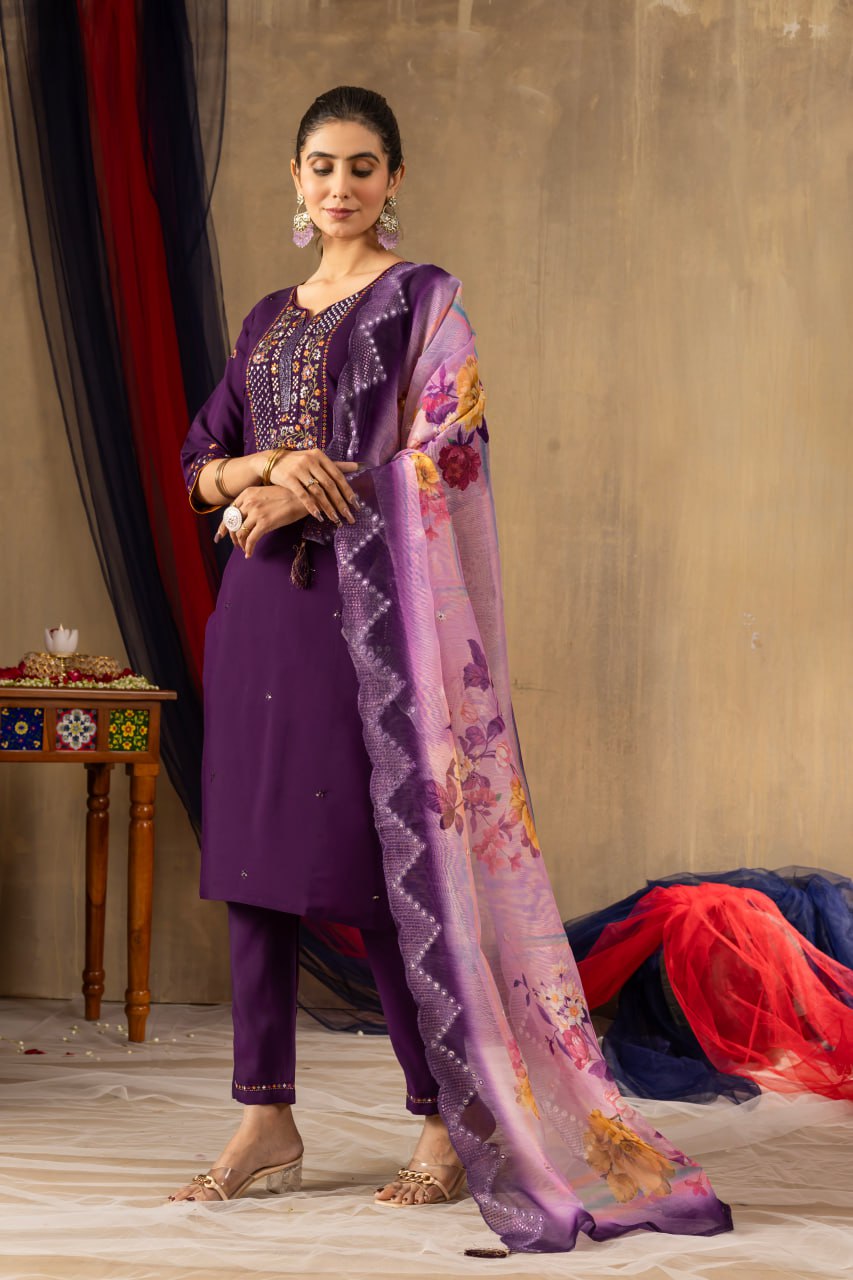 Pramukh Fab Purple Color Roman Silk Kurta Set | Grocsy