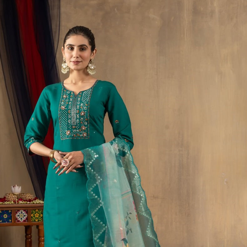 Pramukh Fab Sea Green Color Roman Silk Kurta Set | Grocsy