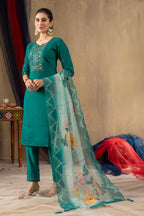 Pramukh Fab Sea Green Color Roman Silk Kurta Set | Grocsy