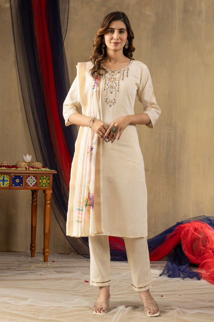 Pramukh Fab Off White Shimmer Gold Silk Color Kurta Set | Grocsy