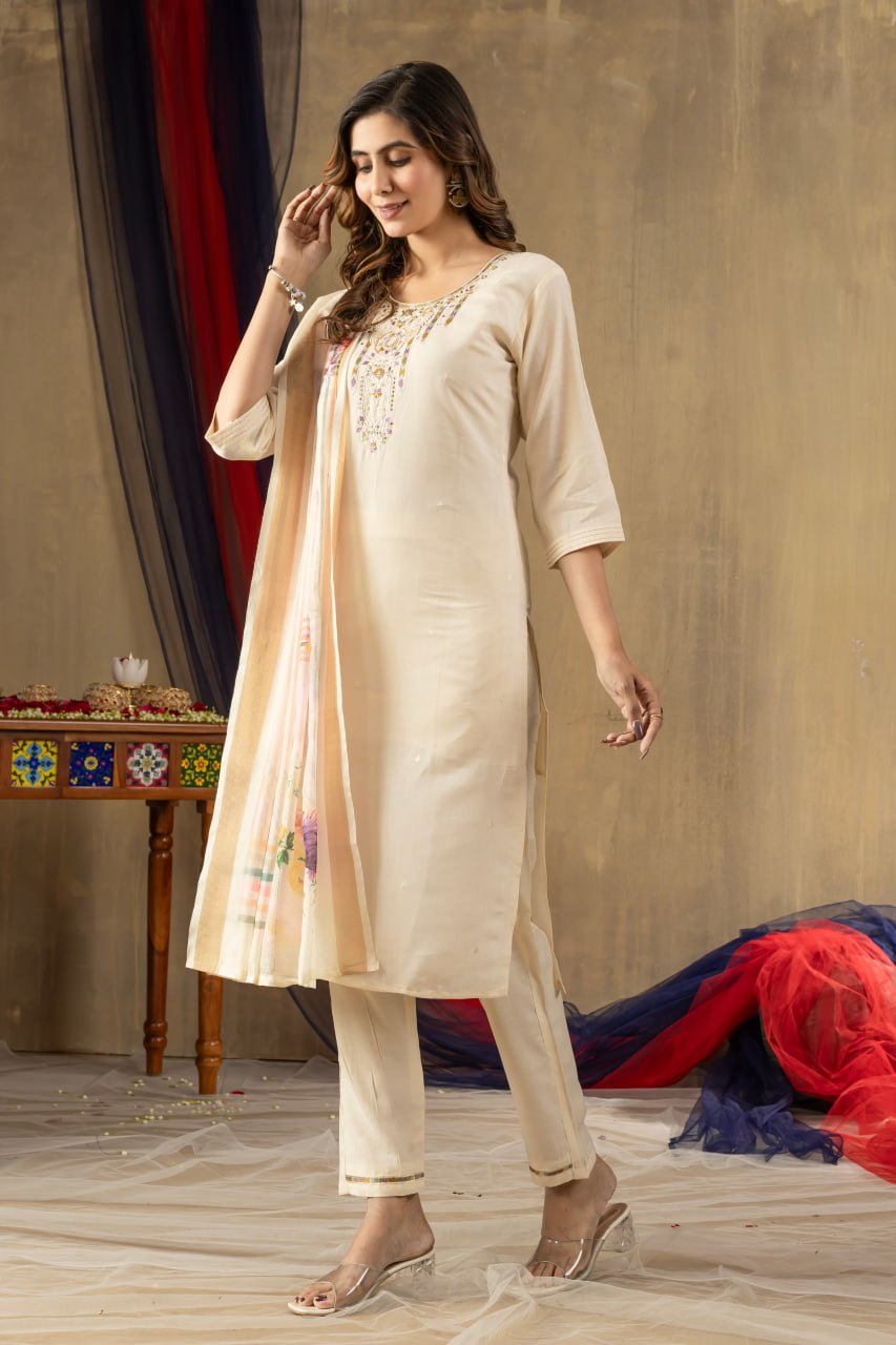 Pramukh Fab Off White Shimmer Gold Silk Color Kurta Set | Grocsy