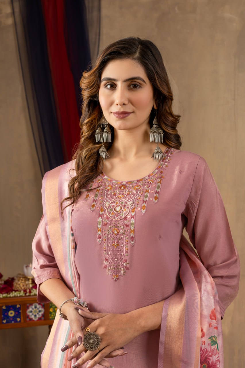 Pramukh Fab Onion Pink Shimmer Gold Silk Color Kurta Set | Grocsy
