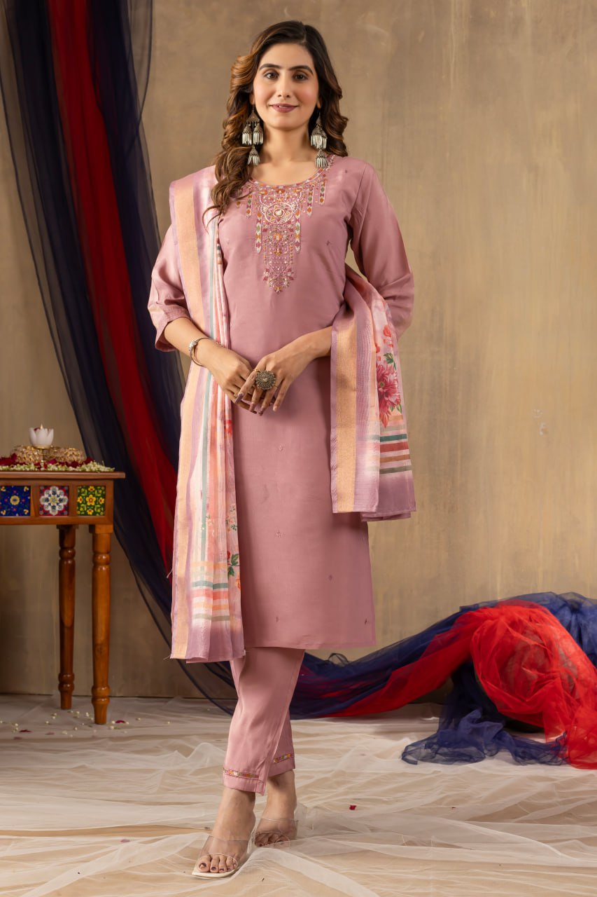 Pramukh Fab Onion Pink Shimmer Gold Silk Color Kurta Set | Grocsy