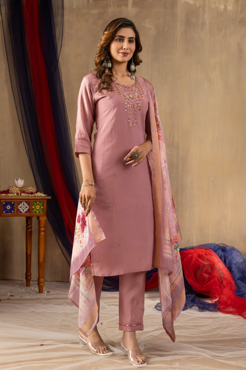 Pramukh Fab Onion Pink Shimmer Gold Silk Color Kurta Set | Grocsy