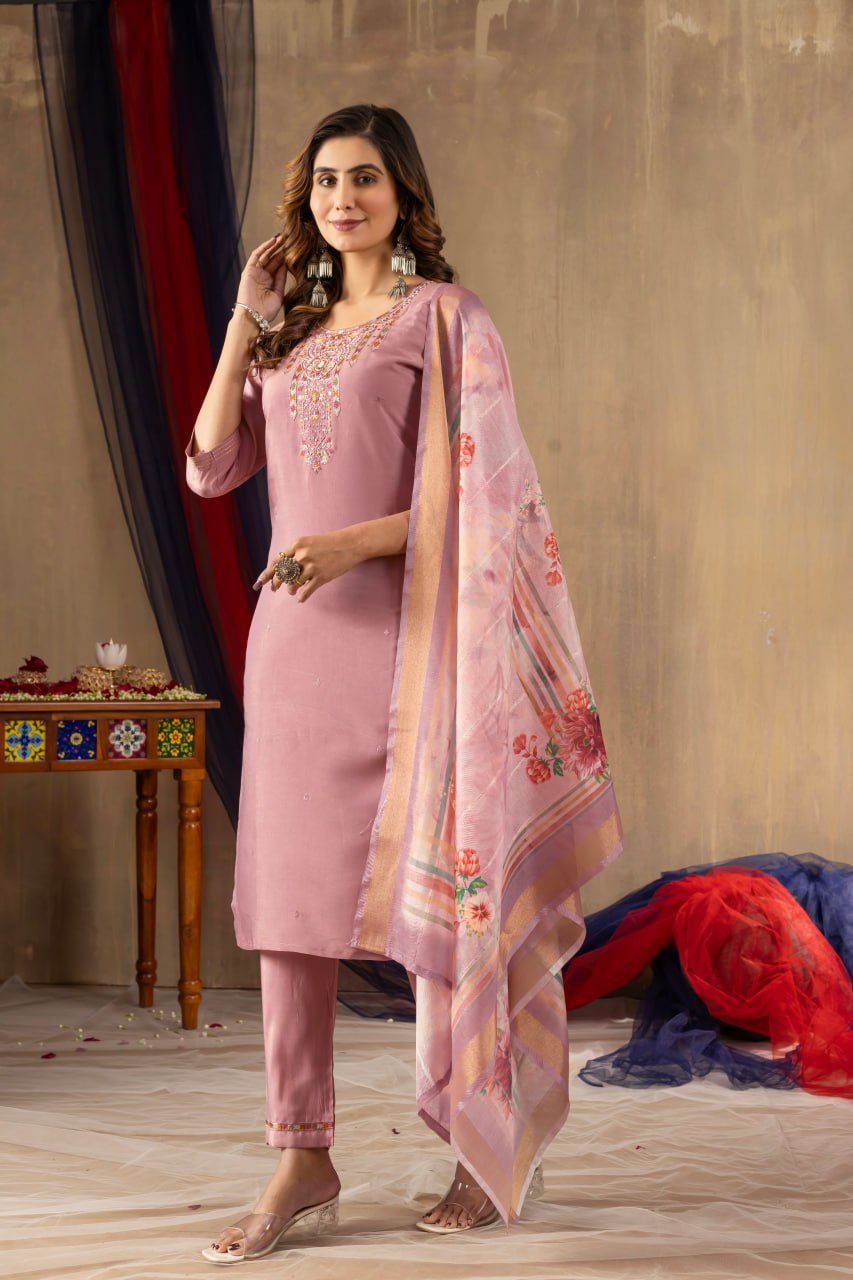 Pramukh Fab Onion Pink Shimmer Gold Silk Color Kurta Set | Grocsy