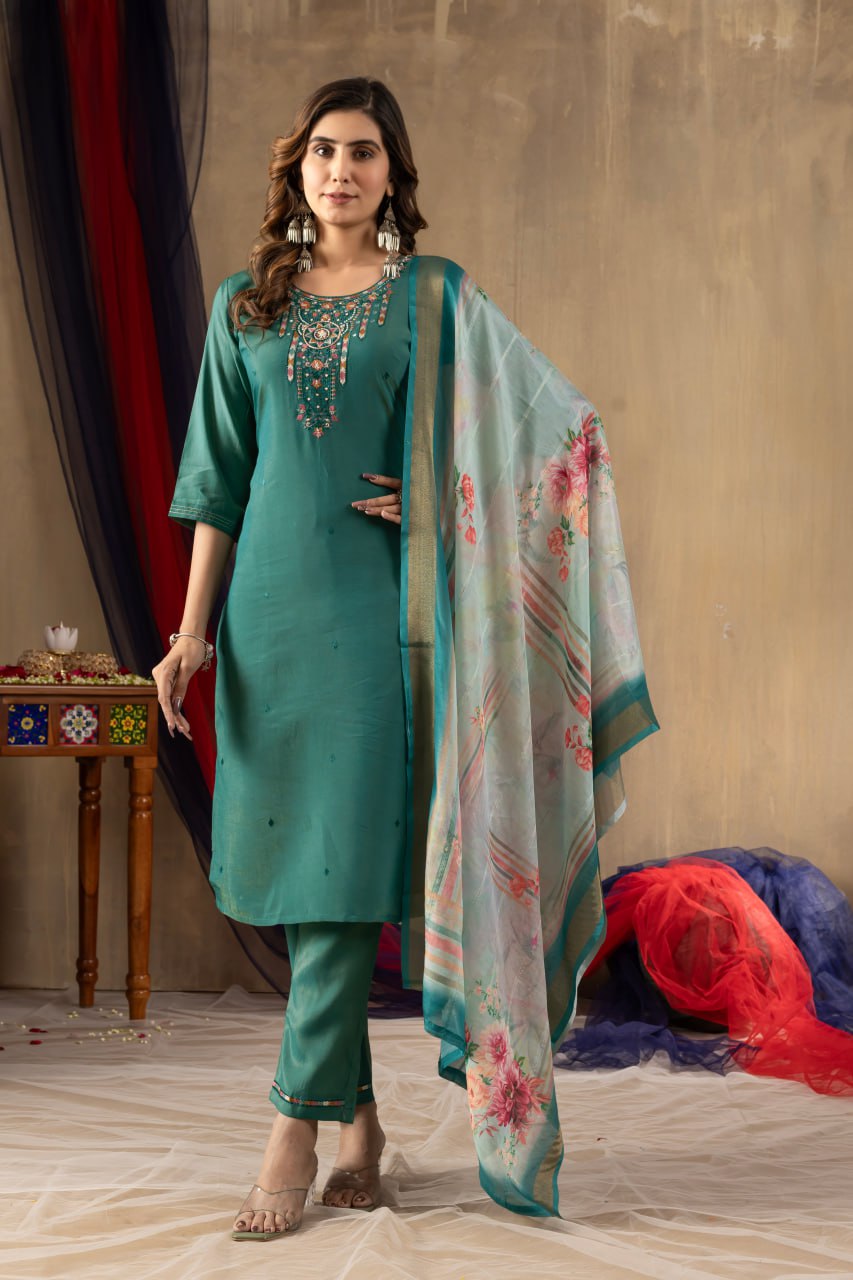 Pramukh Fab Teal Green Shimmer Gold Silk Color Kurta Set | Grocsy
