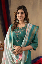 Pramukh Fab Teal Green Shimmer Gold Silk Color Kurta Set | Grocsy