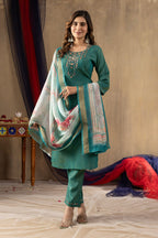 Pramukh Fab Teal Green Shimmer Gold Silk Color Kurta Set | Grocsy