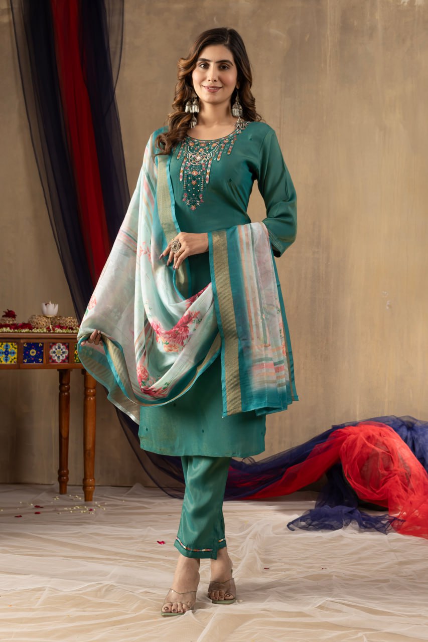 Pramukh Fab Teal Green Shimmer Gold Silk Color Kurta Set | Grocsy