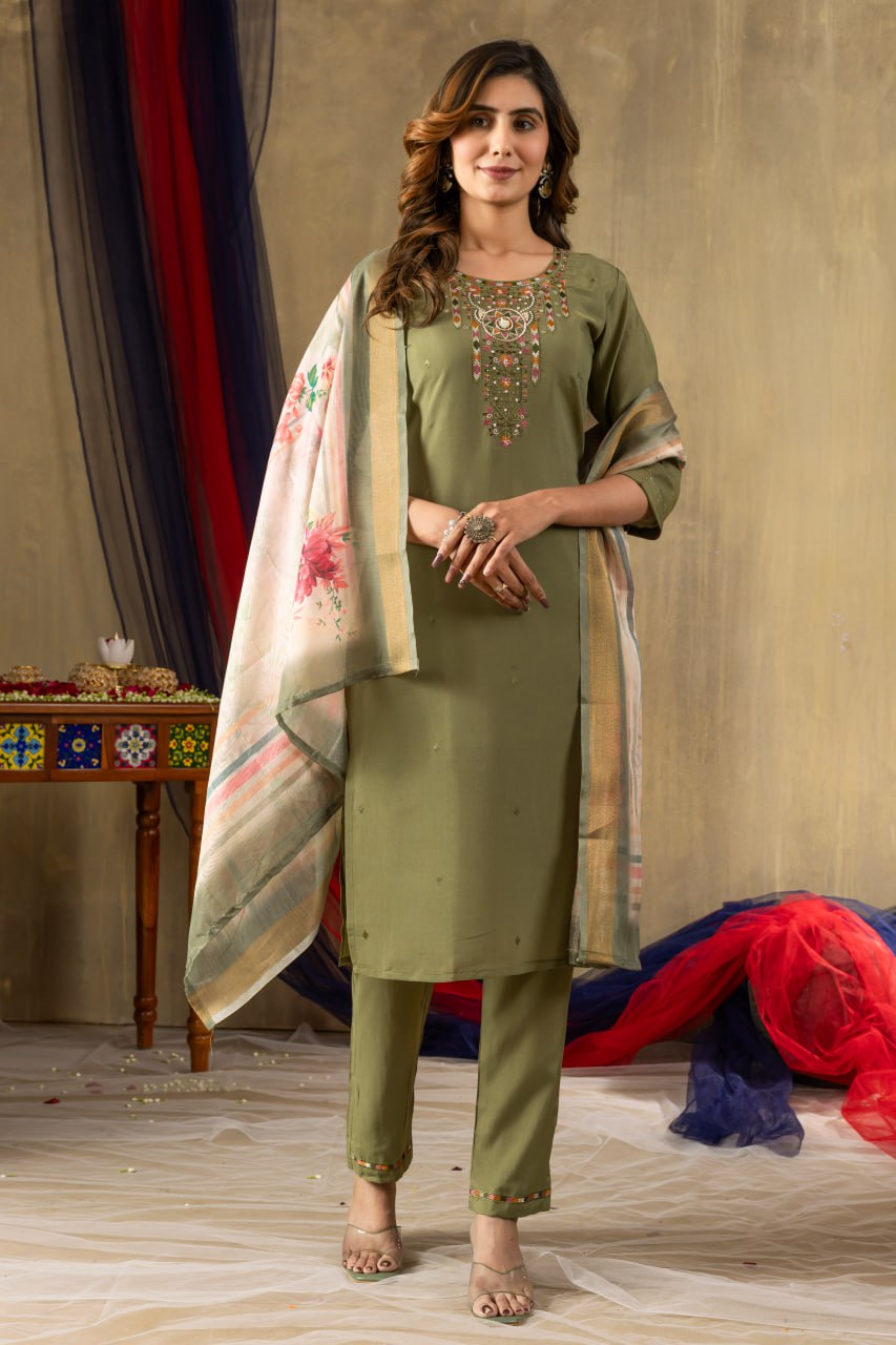 Pramukh Fab Mehendi Green Shimmer Gold Silk Color Kurta Set | Grocsy