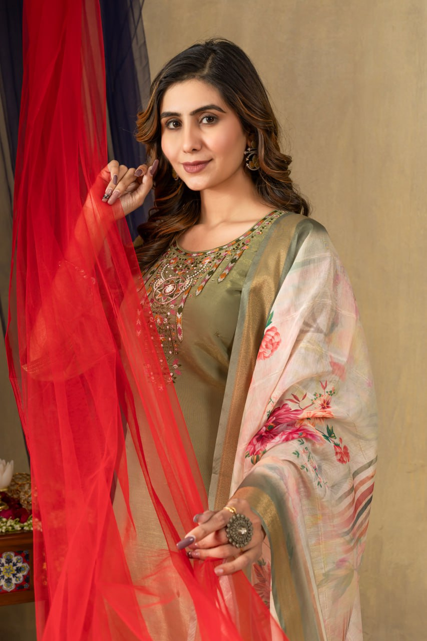 Pramukh Fab Mehendi Green Shimmer Gold Silk Color Kurta Set | Grocsy