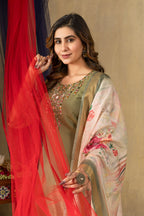 Pramukh Fab Mehendi Green Shimmer Gold Silk Color Kurta Set | Grocsy