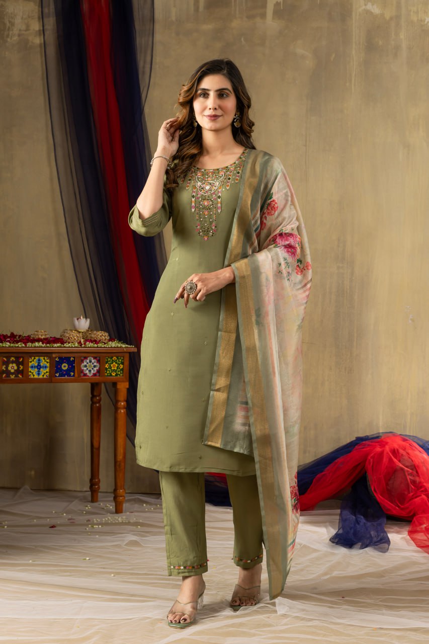 Pramukh Fab Mehendi Green Shimmer Gold Silk Color Kurta Set | Grocsy