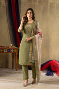 Pramukh Fab Mehendi Green Shimmer Gold Silk Color Kurta Set | Grocsy