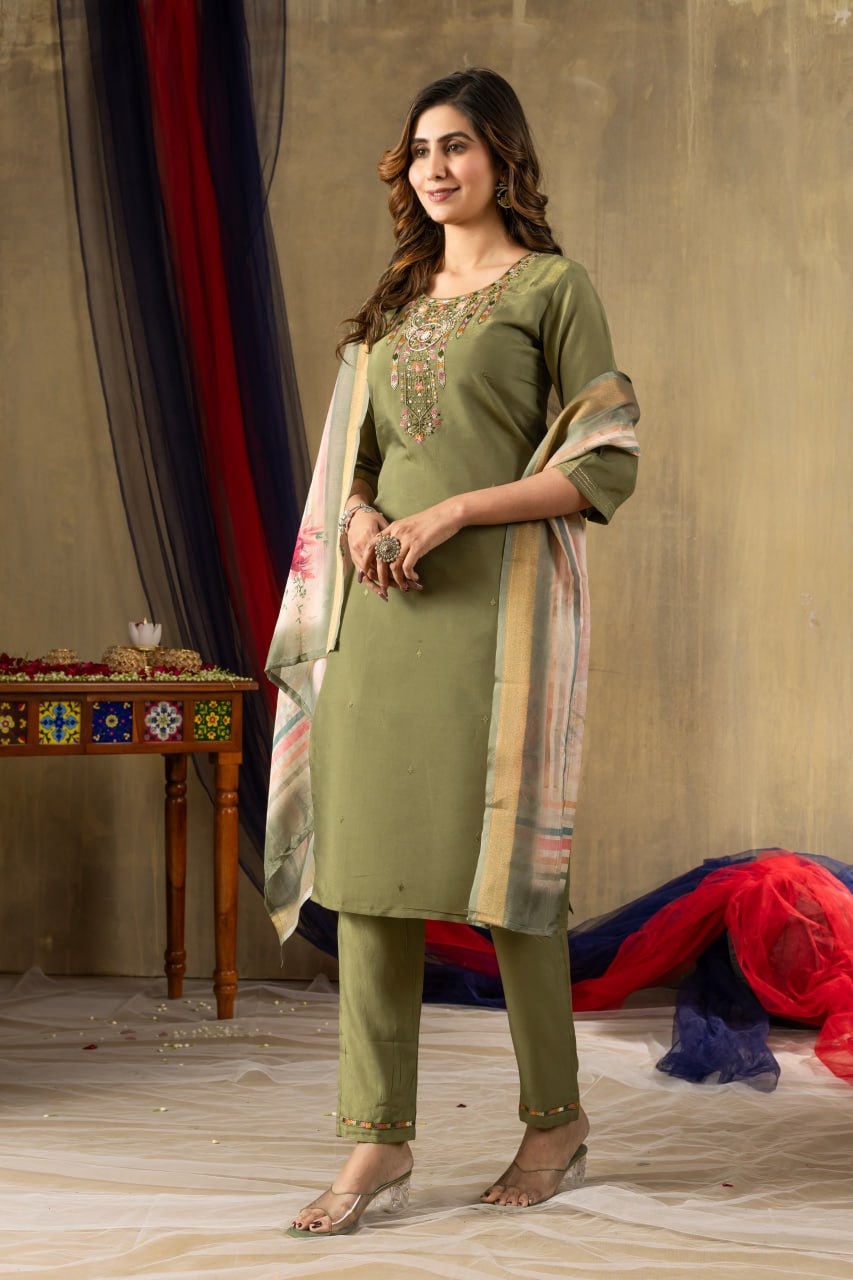 Pramukh Fab Mehendi Green Shimmer Gold Silk Color Kurta Set | Grocsy