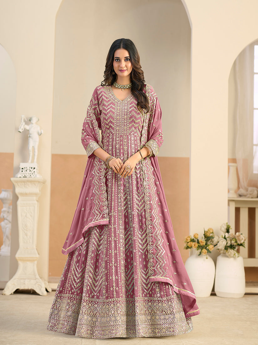 Monjolika Fashion Faux Georgette Pink Embroidered Anarkali Salwar Kameez | Grocsy