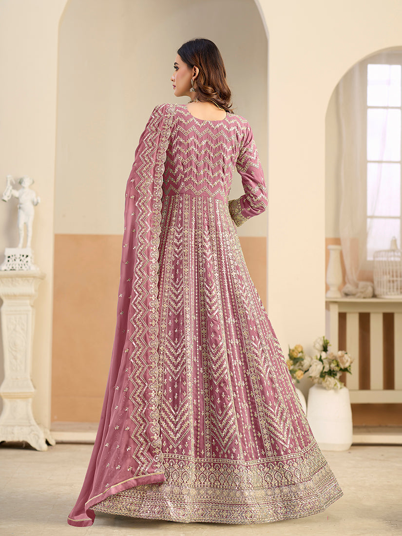 Monjolika Fashion Faux Georgette Pink Embroidered Anarkali Salwar Kameez | Grocsy