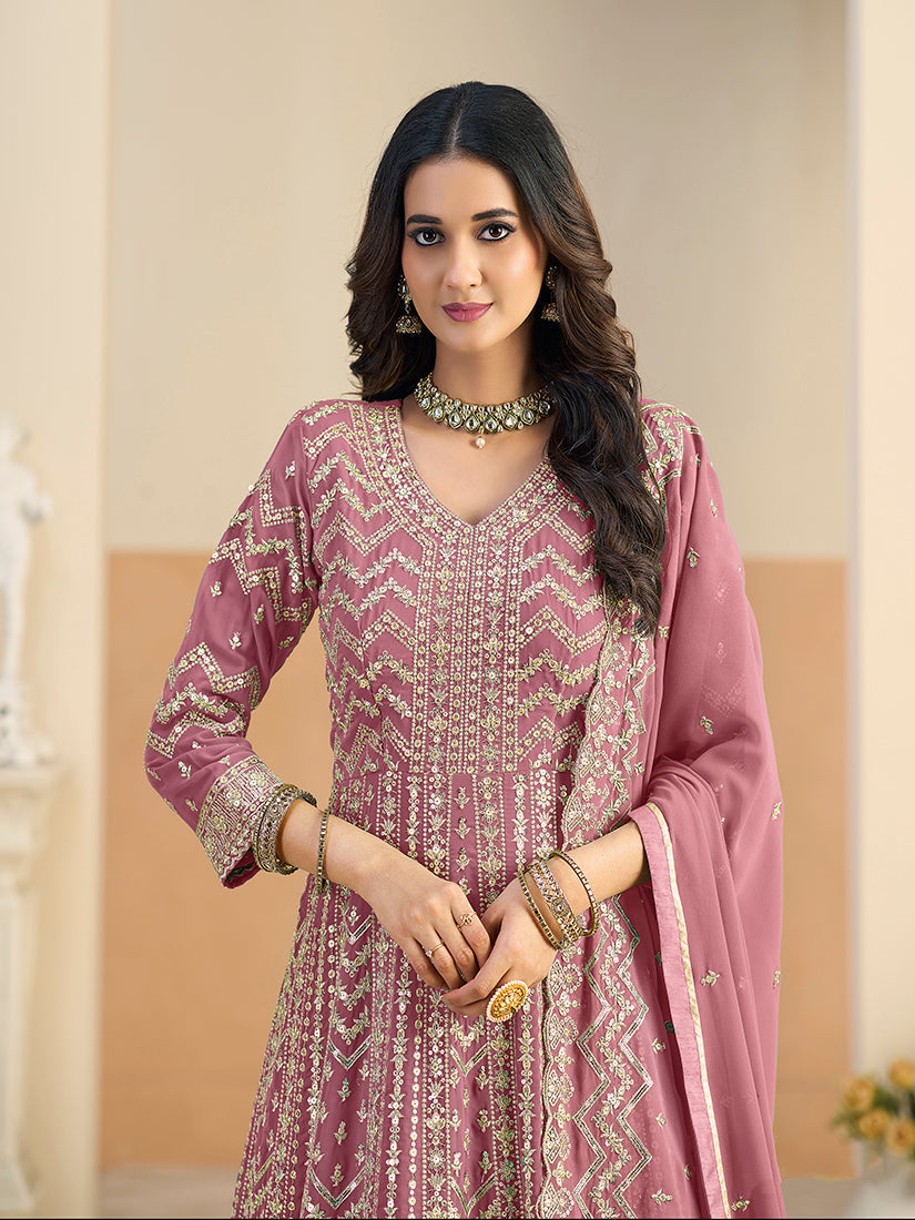 Monjolika Fashion Faux Georgette Pink Embroidered Anarkali Salwar Kameez | Grocsy