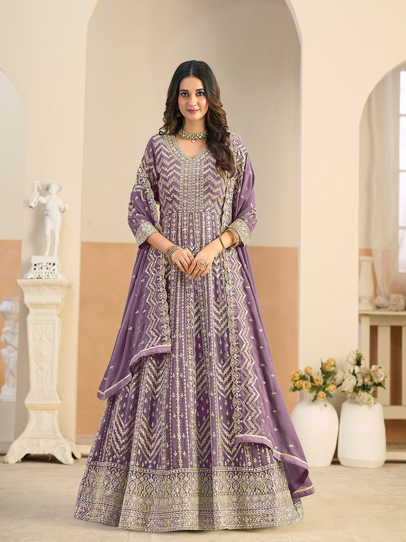 Monjolika Fashion Faux Georgette Lavender Embroidered Anarkali Salwar Kameez | Grocsy