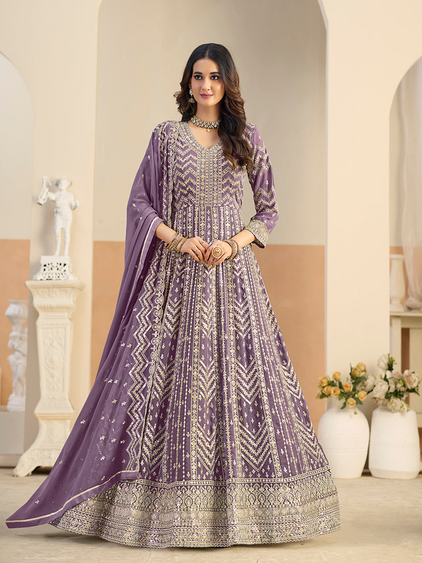 Monjolika Fashion Faux Georgette Lavender Embroidered Anarkali Salwar Kameez | Grocsy