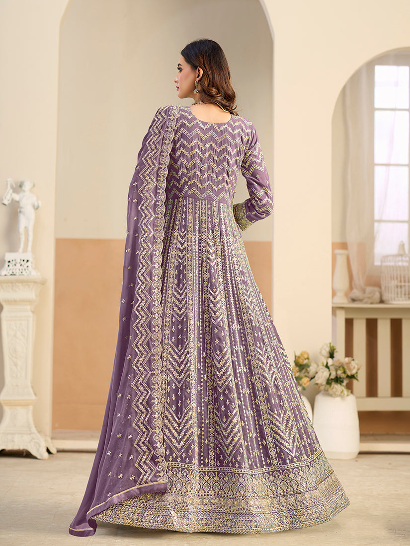 Monjolika Fashion Faux Georgette Lavender Embroidered Anarkali Salwar Kameez | Grocsy