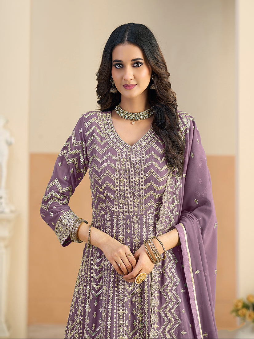 Monjolika Fashion Faux Georgette Lavender Embroidered Anarkali Salwar Kameez | Grocsy