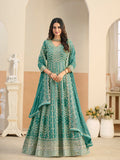 Monjolika Fashion Faux Georgette Turquoise Embroidered Anarkali Salwar Kameez | Grocsy