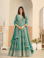 Monjolika Fashion Faux Georgette Turquoise Embroidered Anarkali Salwar Kameez | Grocsy