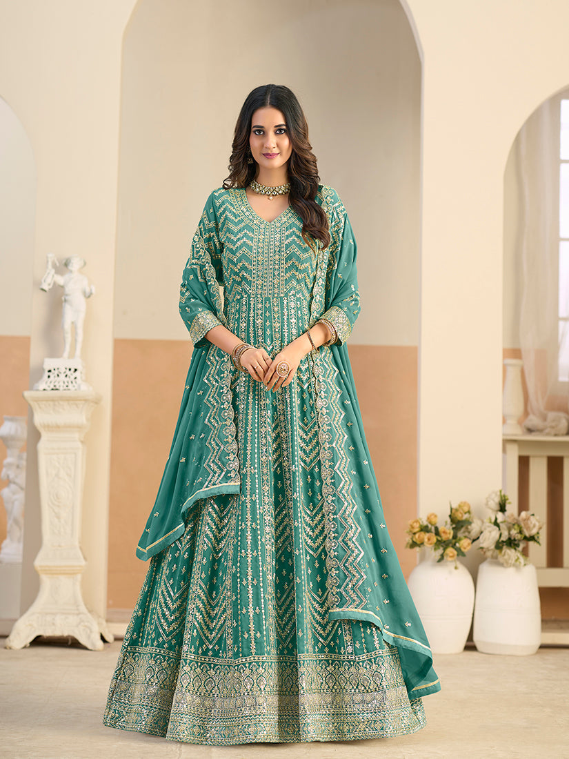 Monjolika Fashion Faux Georgette Turquoise Embroidered Anarkali Salwar Kameez | Grocsy