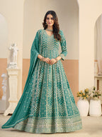 Monjolika Fashion Faux Georgette Turquoise Embroidered Anarkali Salwar Kameez | Grocsy