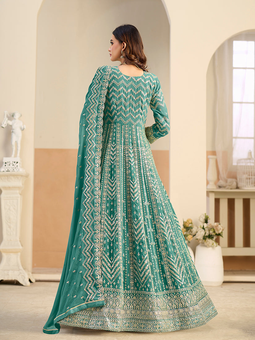 Monjolika Fashion Faux Georgette Turquoise Embroidered Anarkali Salwar Kameez | Grocsy
