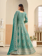 Monjolika Fashion Faux Georgette Turquoise Embroidered Anarkali Salwar Kameez | Grocsy