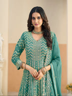 Monjolika Fashion Faux Georgette Turquoise Embroidered Anarkali Salwar Kameez | Grocsy