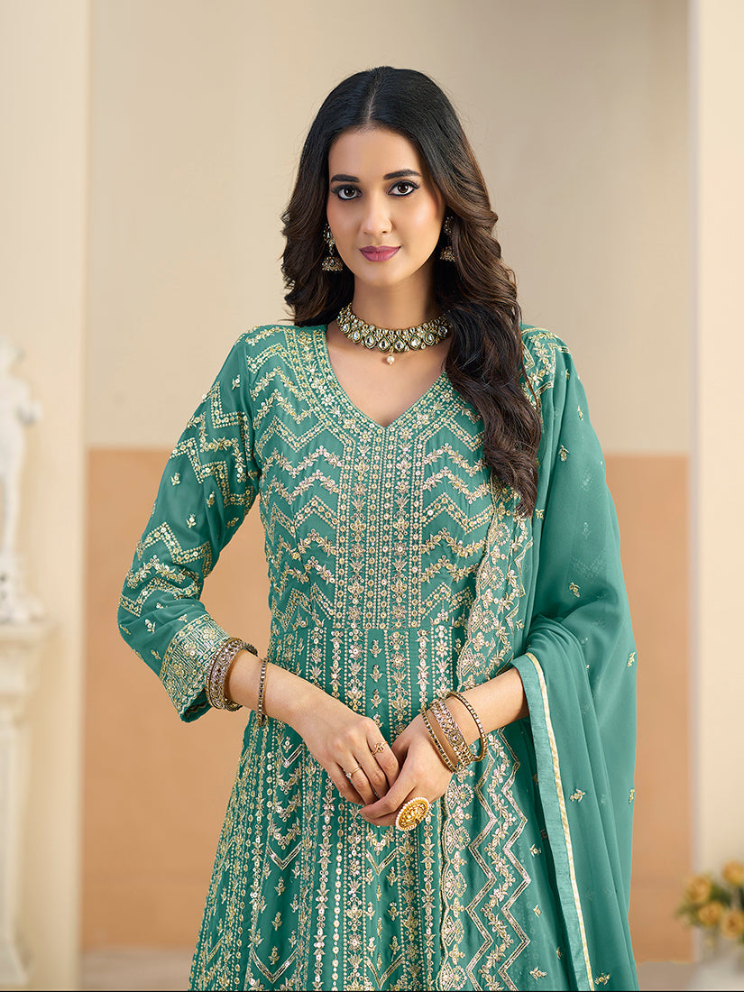 Monjolika Fashion Faux Georgette Turquoise Embroidered Anarkali Salwar Kameez | Grocsy